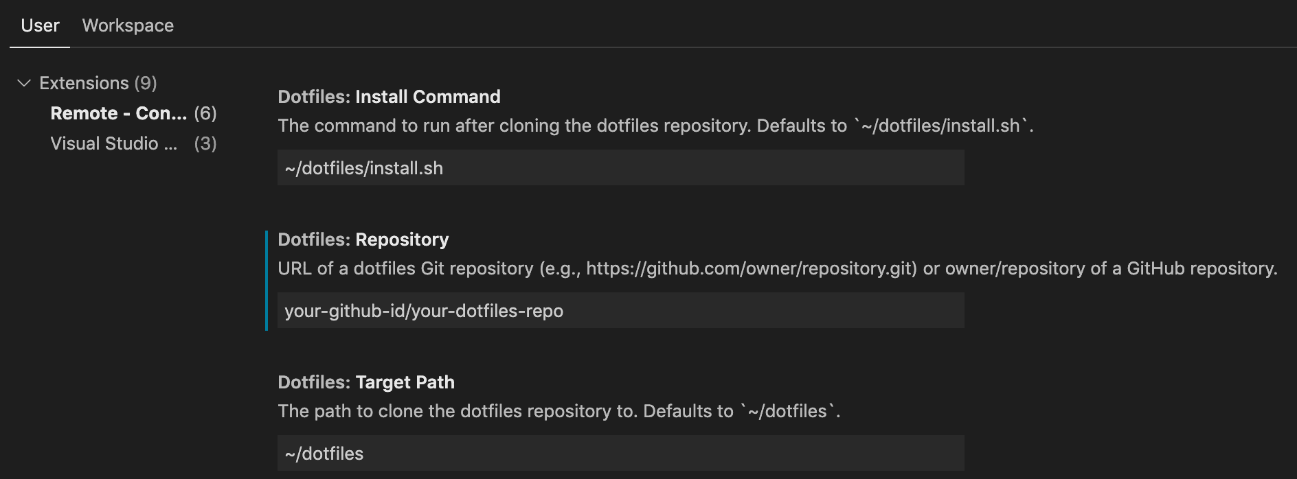 Settings for dotfiles
