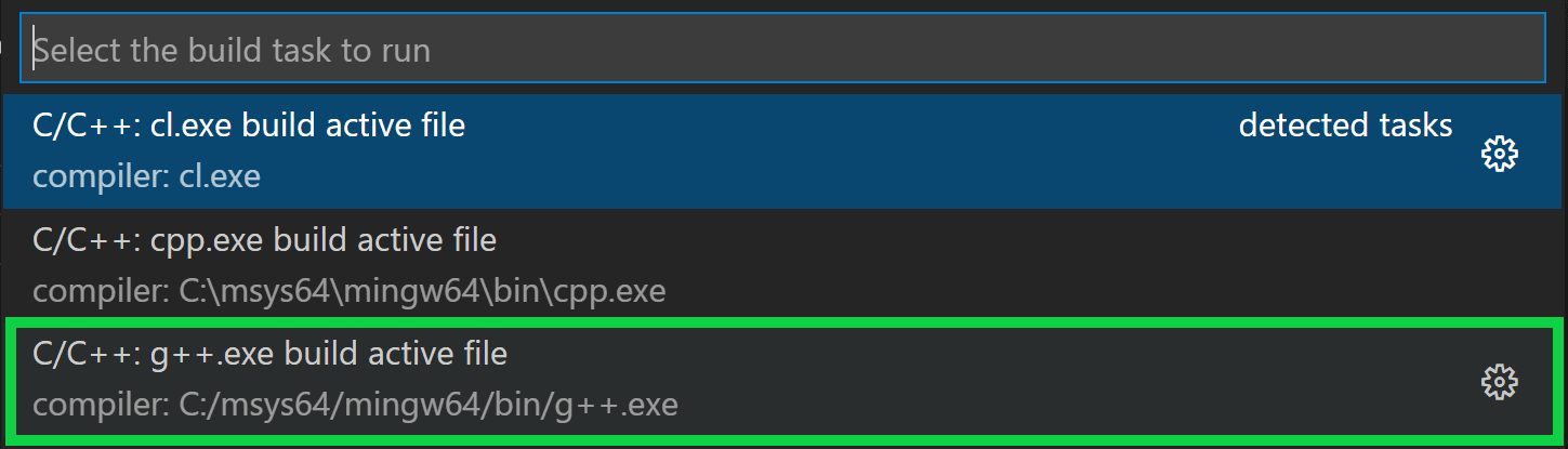Select g++.exe task