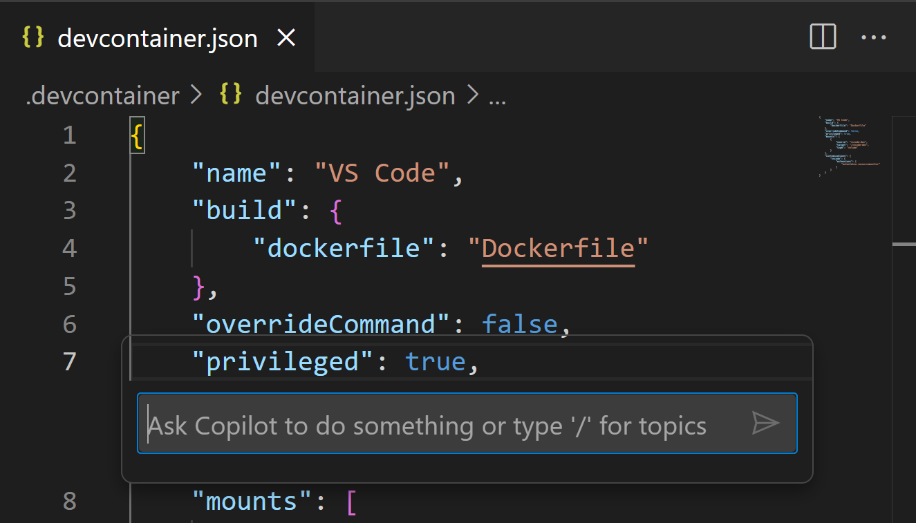 Copilot inline chat in devcontainer.json file
