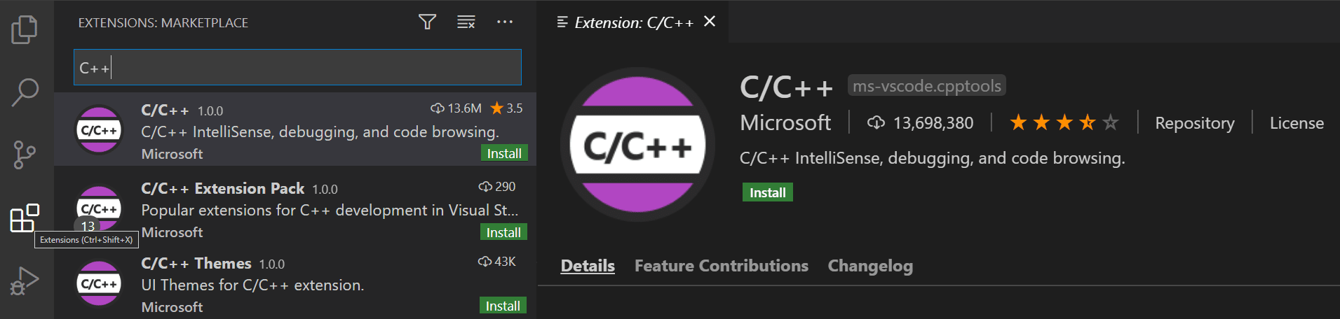 Search for c++ in the Extensions view